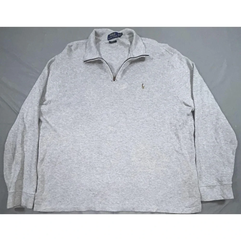 Polo Ralph Lauren Sweater Mens 2XL Gray 1/4 Zip Mock Neck Cotton Pony Logo Knit